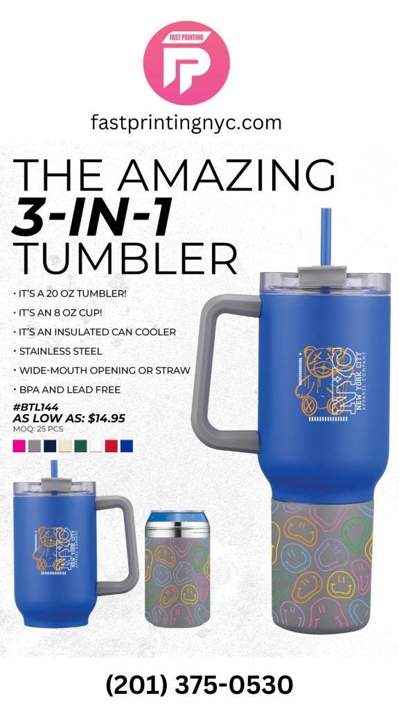 "Amazing 3-in-1 Tumbler: The Ultimate Customizable Drinkware Solution!" Voiceover: "This isn’t just any tumbler. It’s a: 20 oz. Tumbler for your morning coffee or iced tea. 8 oz. Cup for those quick sips. Insulated Can Cooler, perfect for your outdoor adventures."